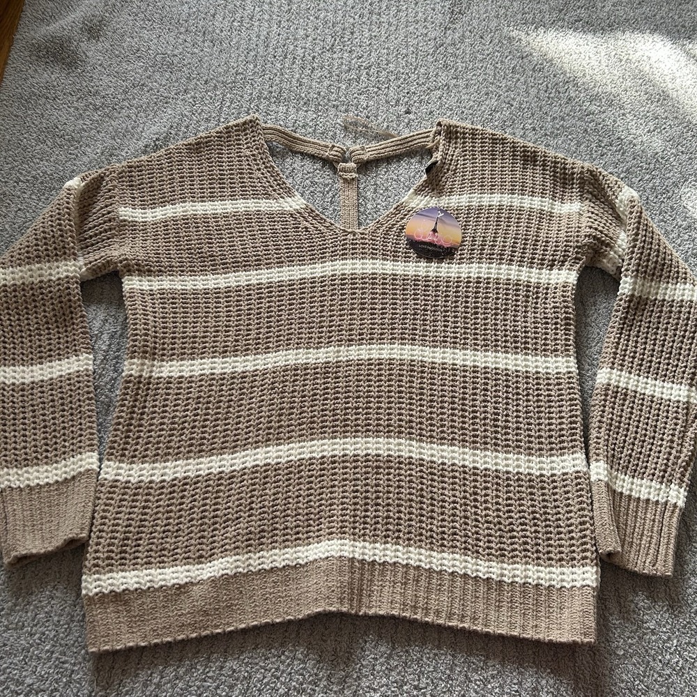 Love By Design Sweater Chunky Ring Back Mocha White L Boho Coastal Preppy Cozy